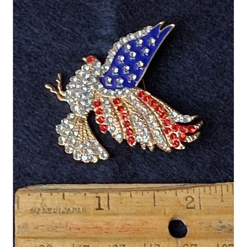 Patriotic‎ USA 250th American Bald Eagle Rhinestone Brooch Gold-tone